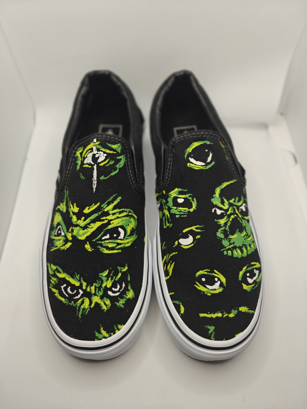 Vans Black Slip-On Shoes with Neon Green Graphic Eyes Glow On The Dark